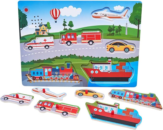 Wooden Transportation Sound Peg Puzzles for Toddlers, Wooden Pegged Puzzle with Sound Effect for Toddlers and Preschoolers, Educational Learning Toy Gift