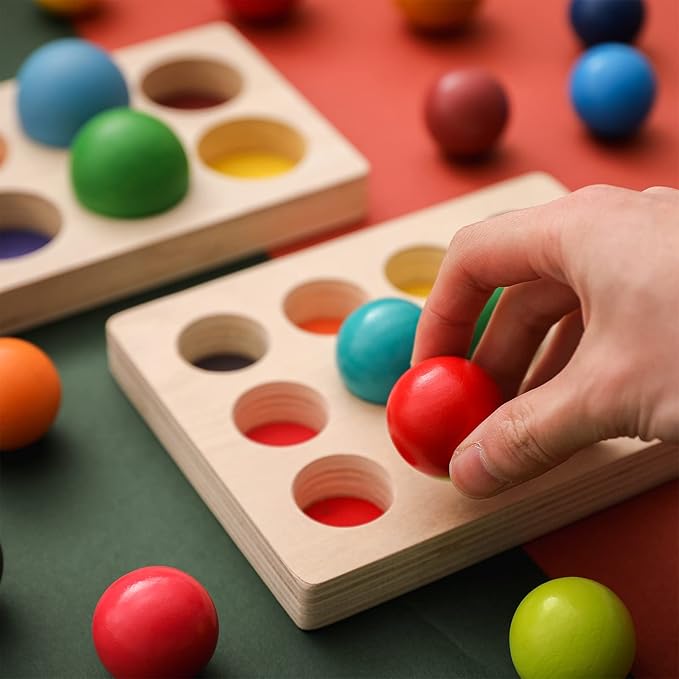 ibwaae Wooden Color Sorting Balls Game Peg Board Rainbow Color Matching Toys 12 Pcs Activities Balls Montessori Toys for Toddlers