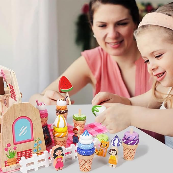 Wooden Ice Cream Shop Toy Set with Handbag, 39 Pcs Pretend Play Food & Ice Cream Toys for Toddlers 3-5 Birthday Gift , Montessori Learning Educational Toys Color Sorting, Play Kitchen Accessories