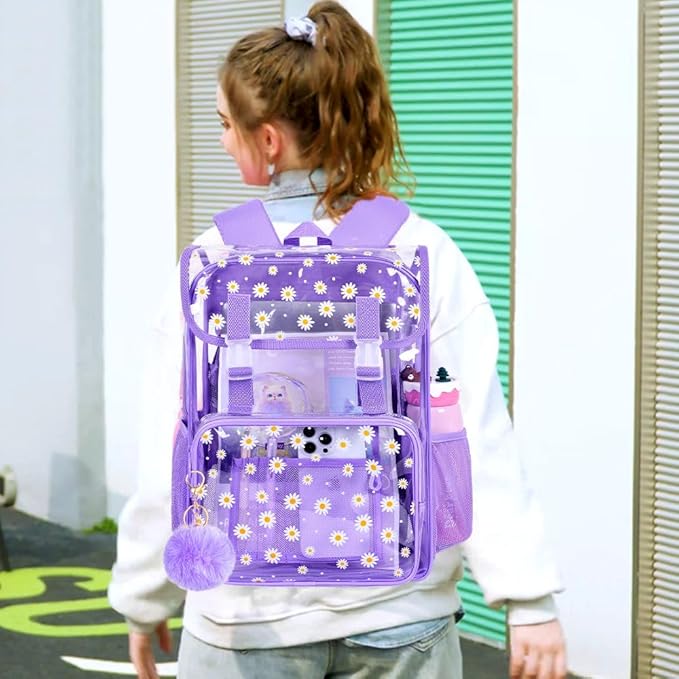 17" Daisy Clear Backpack for Girls - Flip Design Stadium Approved 3Pcs Set, Transparent Bookbag for Concert/School (Purple)