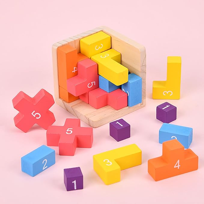 Wooden Puzzle Blocks Brain Teasers Game 3D Building Toy Geometric Wood Shape Puzzles 20Pcs Montessori STEM Educational Toys Gift for Kids Adults