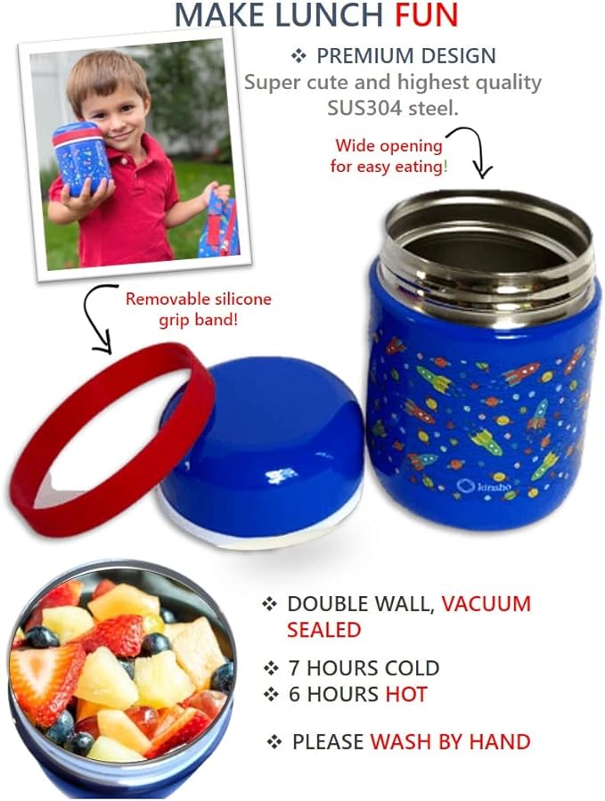 Bento Box with Thermo Stainless Steel Food Jar for Hot-Cold Food or Soup, Insulated Lunch Bag & Ice Pack Set for Kids or Toddlers. Ages 3-7, Blue Space Rockets