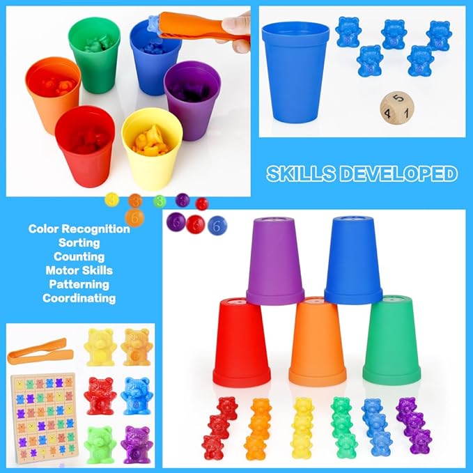 NEOROD Rainbow Counting Bears with Matching Sorting Cups, Number Color Recognition STEM Educational Toddler Preschool Math Manipulatives Toy Set of 90, 2 Tweezers, 2 Dices, 12 Cards, Container