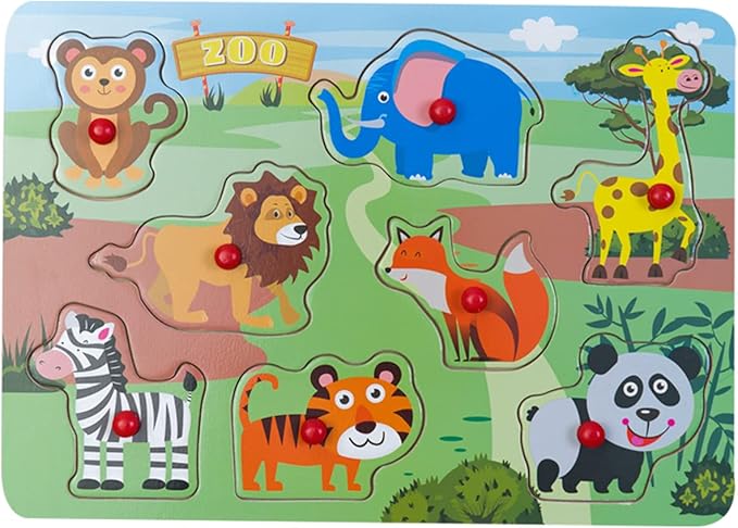 Peg Puzzle Set of 4 (32 pcs), Wooden Knob Puzzles for Toddlers Ages 1-3, Farm Zoo，Forest Animals, Pets, Sea Ocean Animals, Preschool Educational Cognitive Gifts