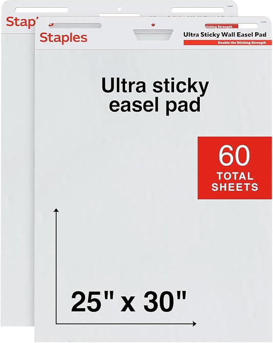 Staples Ultra Sticky Wall Easel Pad, 25" x 30", 30 Sheets/Pad, 2 Pads/Pack (ST62841)