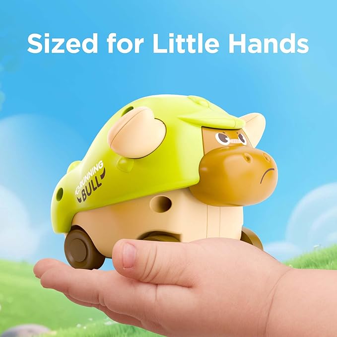 iPlay, iLearn Press to Go Car Toys for Toddlers, Baby Mini Animal Race Cars, 3pcs Infant Play Vehicle Set, Push Go Friction Bull Toys for 18 24 Month, Frist Birthday Gift for 2 3 Year Old Boys Girls