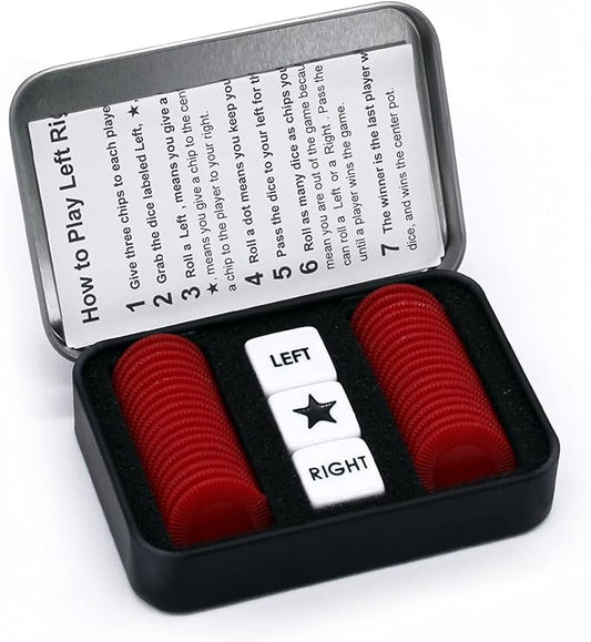 Left Right Center Dice Game Set with 3 Dices + 36 Red Chips (Red)