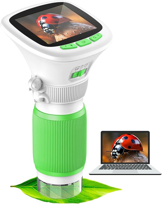 Microscope for Kids, EDCREATY 200X-1000X Portable Pocket Handheld Microscope, 2.4 High-Definition Screen, 200W Pixels for Birthday Christmas Holiday Toys Gifts for 5 6 7 8 9 10 11 12 Kids(White+Green)
