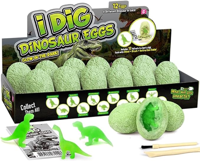 12-Pack Glow in The Dark Dinosaur Excavation Kit for Kids - Educational STEM Fossil Digging Egg Activity – Dig up & Discover Real Dino, Scientific Archaeology Set for Boys & Girls