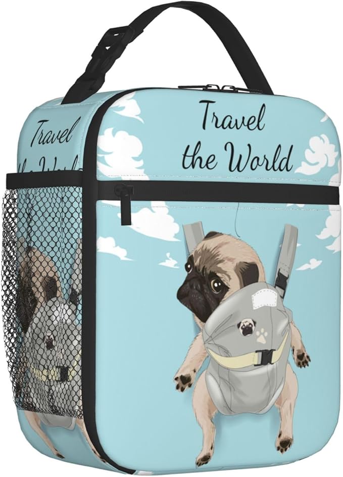 Cute Pet Pug Reusable Lunch Box Food Bag Insulated Lunch Bag for Teenage Boys Girls School Beach