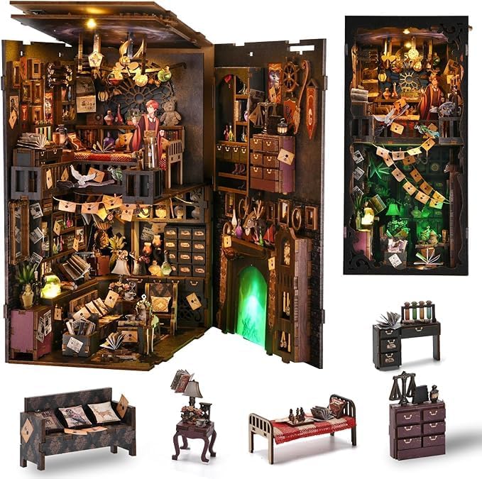 Book Nook Kit for Adults and Teens DIY 3D Wooden Puzzle Bookends, Miniature Dollhouse Kit Bookshelf Decoration, Magic Alley Model with LED Lights,Wizard House