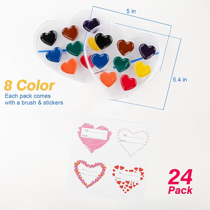 Valentines Day Gifts for Kids, 24 Pack 8 Colors Watercolor Paint Set with Paintbrush for Kids, Prizes Exchange Gifts Valentines Party Favors for Preschool Classroom School
