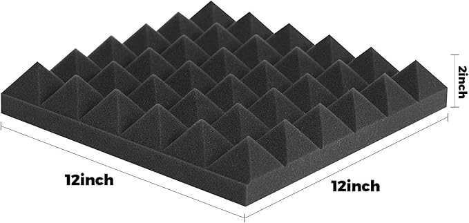 Acoustic Panels - 12 Pack 12x12x2 Inches Black Pyramid Acoustic Foam, Fire-Proofed Soundproof Wall Panels, 25kg/cbm Sound Proof Foam Panels ， Sound Panels for Recording Studio and Music Room