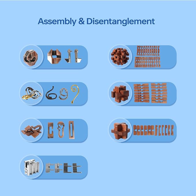 7 Pieces Cool Unlock Interlock Brain Teaser Puzzles Retro Wooden and Metal Puzzles IQ Logic Fun Puzzle Box Challenge Game