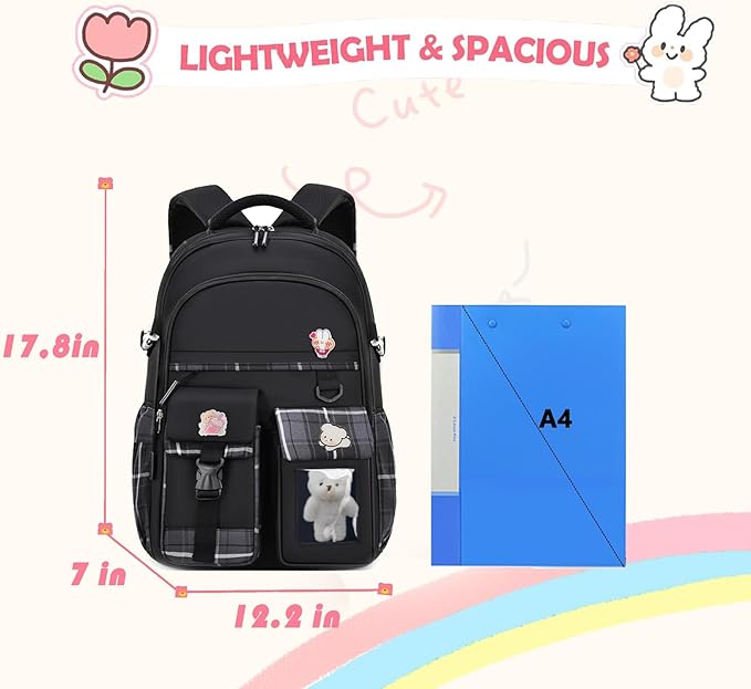 Girls Backpack，Cute School Backpack for Girls Kids Teens，Kawaii Bookbag for Primary Elementary，Black