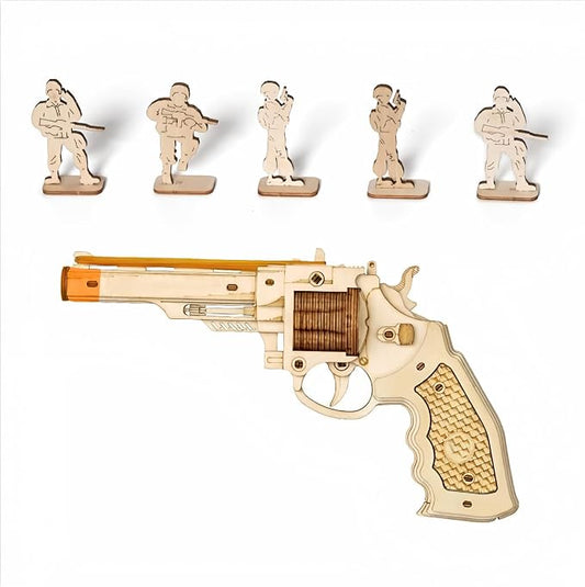 ROKR 3D Wooden Puzzles Rubber Band Gun Model Craft Kit Unique Gift Mechanical Model Brain Teaser (Revolver Toy)