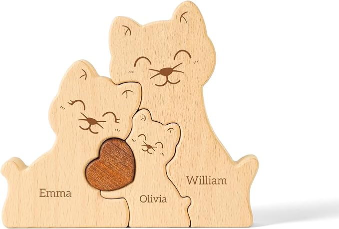 Wooden Cat Family Puzzle, Personalized Puzzles with 2-5 Names, Mothers Day Birthday Personalized Gifts for Mom Dad Grandma Kids Teen Boys Girls, Toddler Men Christmas Thanksgiving Decorations