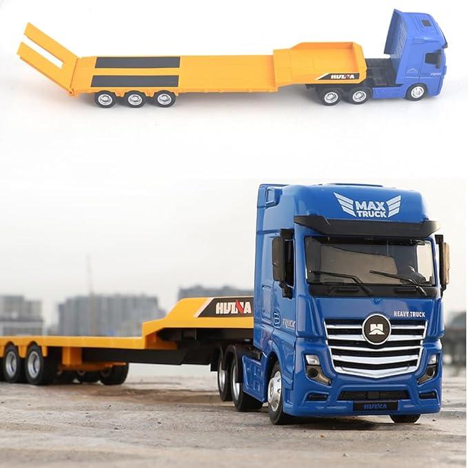 Flattrailer Heavy Duty Semi Trailer Tractor Truck w/ Excavator - Metal Construction Vehicle Toy for Kids