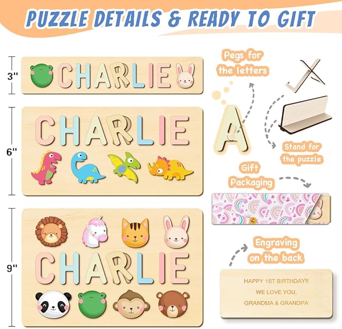 Name Puzzle for Kids Personalized- Easter Basket Stuffers, Baby Girl and Boy Gifts with Gift Wrapping, Custom Wooden Name Puzzle for 1 Year Old Birthday, Montessori Toys Toddler Puzzles