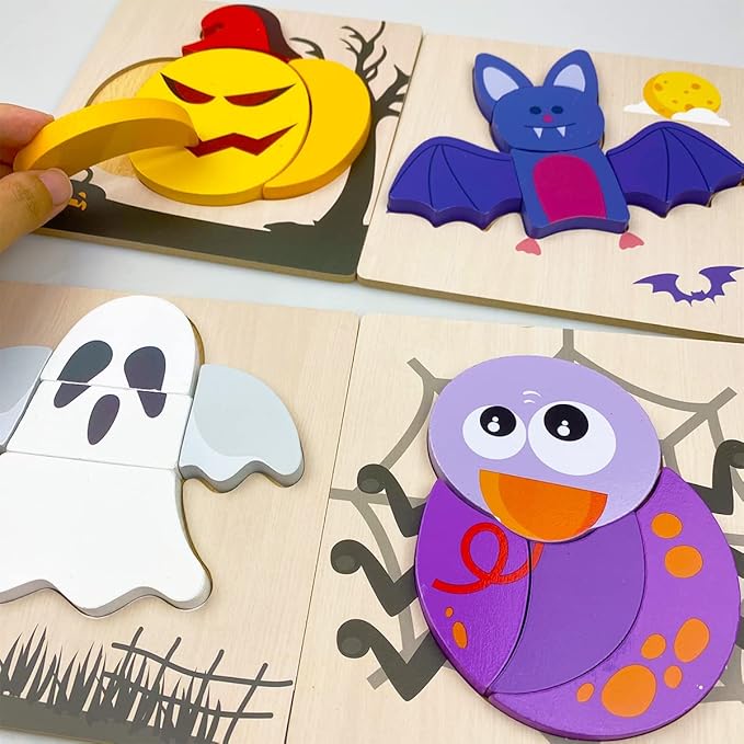 Anditoy 4 Pack Halloween Wooden Puzzles for Kids Toddlers Halloween Toys Party Favors Treat Bags Gifts