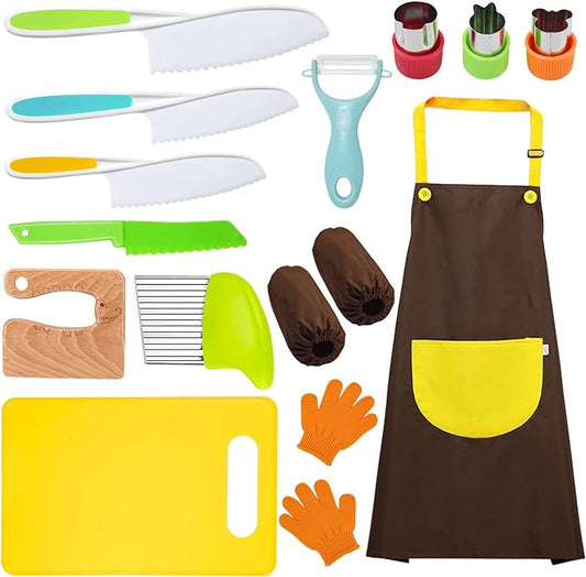 14 Pieces toddler knife, Kids Knife Set Include Wood Kids Safe Knife, Plastic Toddler Knife, Cutting Board, Apron, Y Peeler, Crinkle Cutter, Kitchen Sleeves Covers, Gloves, Sandwich Cutter