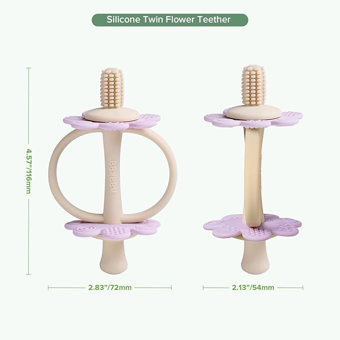 haakaa Silicone Twin Flower Teether,Nipple-Shaped End for Gum Massage,360° Baby Toothbrush Head for Self-Brushing Training,Easy to Grip - Lavender