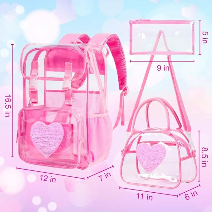 17" Sequin Clear Backpack for Girls - 3Pcs Sparkle Flip Design Stadium Approved Set, Gym/Concert Transparent Bookbag (Pink)