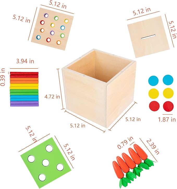 Wooden Montessori Toys for 1 2 3 Year Old Baby Gifts,Play Kit Box Includes Carrot Harvest Games, Montessori Coin Box for 6-12 Months and Fine Motor Skills Toys for 1 Year Old (3-in-1)