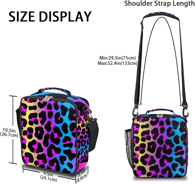 Rainbow Leopard Lunch Bags with Shoulder Strap Cheetah Print Insulated Lunch Boxes for Kid Girls Women Waterproof Thermal Cooler Tote Bag Portable Picnic Bag for School Work Outdoor Gifts