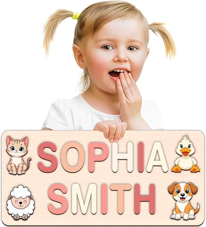 LOVELYPOD Personalized Name Puzzle for Kids, Custom Name Puzzles for Toddlers 1-3 Animal Puzzle, Customized 1st Birthday for Girls & Boys Wooden Toys for Kids, for New Baby - Style 16
