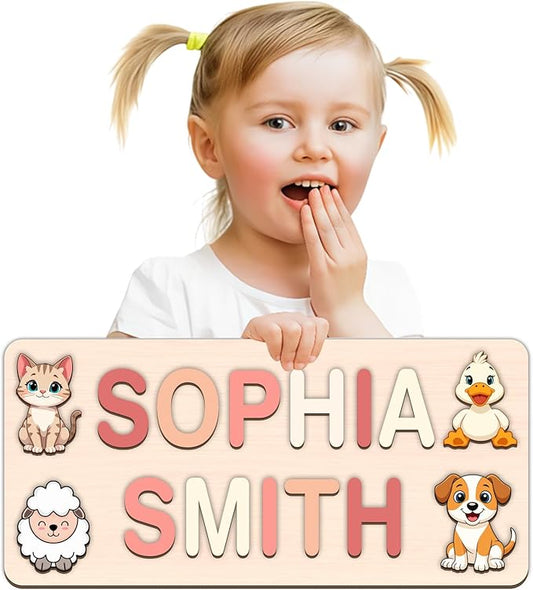 LOVELYPOD Personalized Name Puzzle for Kids, Custom Name Puzzles for Toddlers 1-3 Animal Puzzle, Customized 1st Birthday for Girls & Boys Wooden Toys for Kids, for New Baby - Style 16
