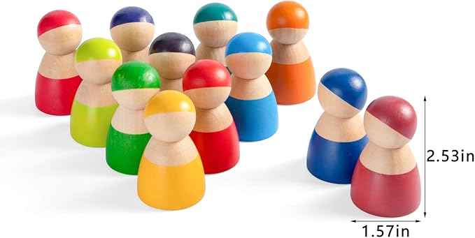 Rainbow Peg Dolls for Toddlers, 12 PCS Wooden Peg People Toys, Wooden People Pretend Play with Rainbow Stacking Toy, Preschool Wood Rainbow Friend Educational Toys