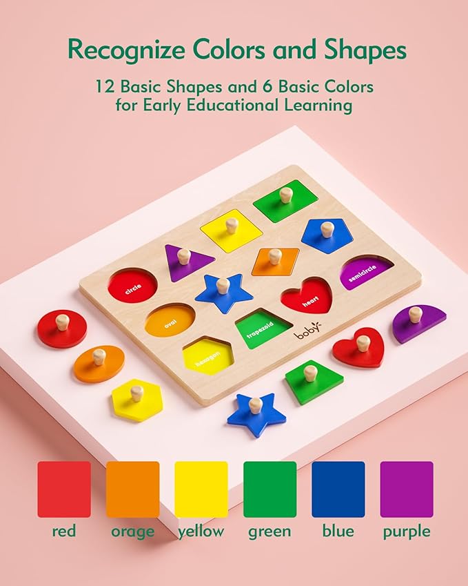 Boby Shape Color Puzzle for Toddlers 1-3, Montessori Learning Toys for 1 + Year Old Girl, Jumbo Knob Wooden Pegged Chunky Shapes Puzzles for Kids Ages 3, Baby Educational Toys 12-18-24 Months Boys