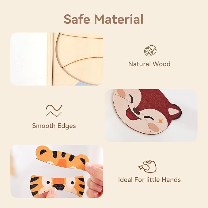 Wooden Animal Jigsaw Puzzles for Toddlers, Emotion Recognition with Expressive Animal Faces - Natural Wooden Pieces for Shape Matching, Early Learning & Fine Motor Skill Development