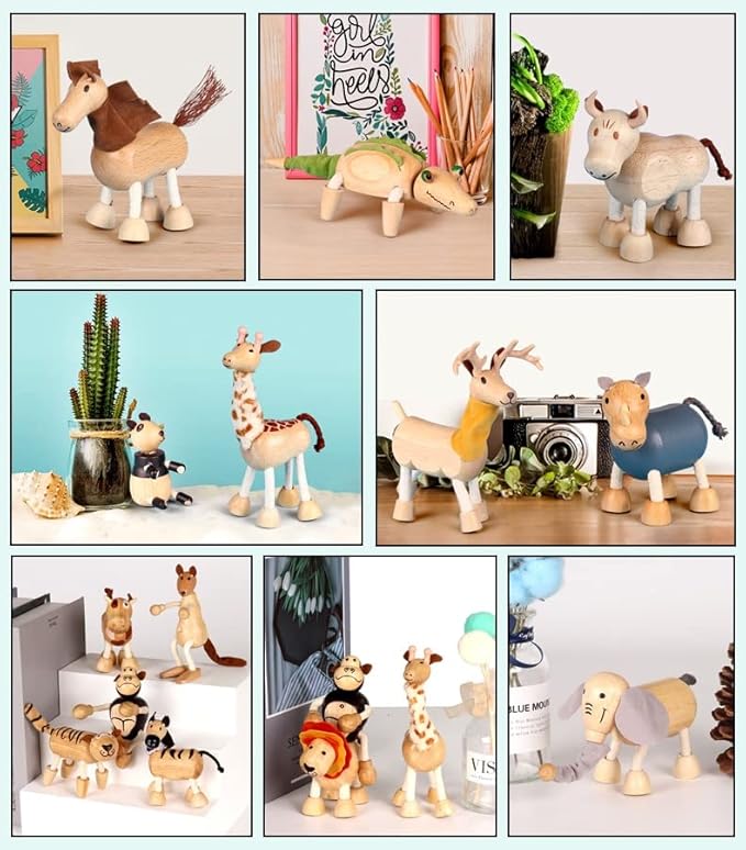 14 Pack Bendable Wooden Animal Toys, Smooth Natural Wood Zoo Farm Jungle Safari Animals Figures, Preschool Learning & Education Toys for Toddlers Kids