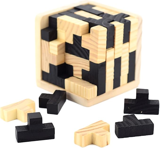 3D Wooden Brain Teaser Puzzle Cube Wooden Puzzles T-Shaped Jigsaw Logic Puzzle Game Puzzles Educational Toy for Kids and Adults (Black)