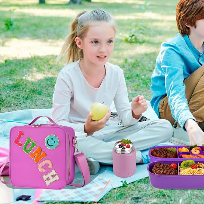 Insulated Girl Lunch Bag for Girls With Adjustable Strap, Nylon Preppy Lunch Box For Teens Kids Toddler Reusable Bag Back To School Picnic Gifts, Purple
