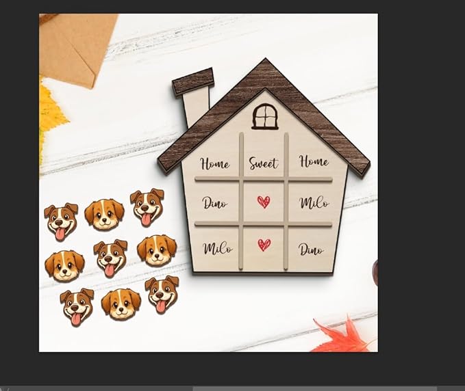 Personalized Dog XO Board Game, Personalized Cute Dog Wooden Noughts and Crosses Game, Pet Table Decor Road Trip Travel Game for Family (Dog 1)