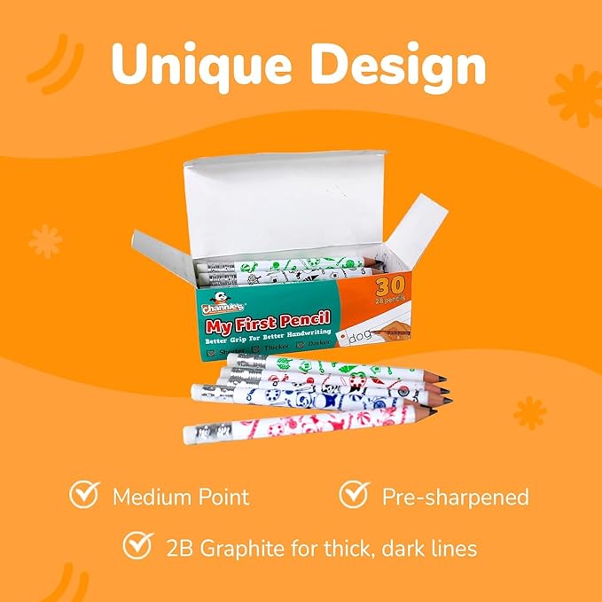 Channie's Extra Thick Kids Pencil Boxes for School Bulk - Easy-to-Hold Presharpened Jumbo Pencils for Preschoolers - Box of 30 Wood Pencils for School, Ideal for Classroom Prizes - White