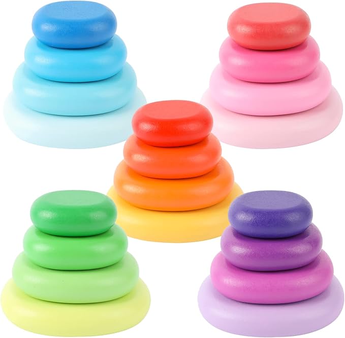 WODI Wooden Rainbow Stacking Stones 20Pcs Wood Sorting Balancing Rocks Blocks Montessori Educational Toys for Toddler Kids 3 Years Up Developing Skills