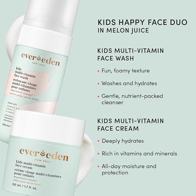 Evereden Happy Kids Skin & Lips Routine - Multi-Vitamin Face Wash & Face Cream Melon & Tinted Lip Oil Ruby Red Set - Clean & Vegan Skin Care for Kids 3+ - Moisturizing, Nourishing, & Protective