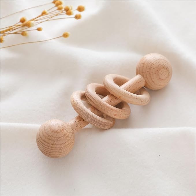 Wooden Baby Rattle, Newborn Wooden Rattle Toy, Natural Wooden Montessori Baby Grip 3 Ring Toy, Baby Gift Toy, Wood Rattle-1