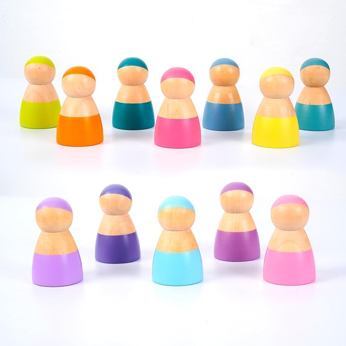 Rainbow Peg Dolls for Toddlers, 12 PCS Wooden Peg People Toys with Rainbow Stacking, Preschool Educational Toys