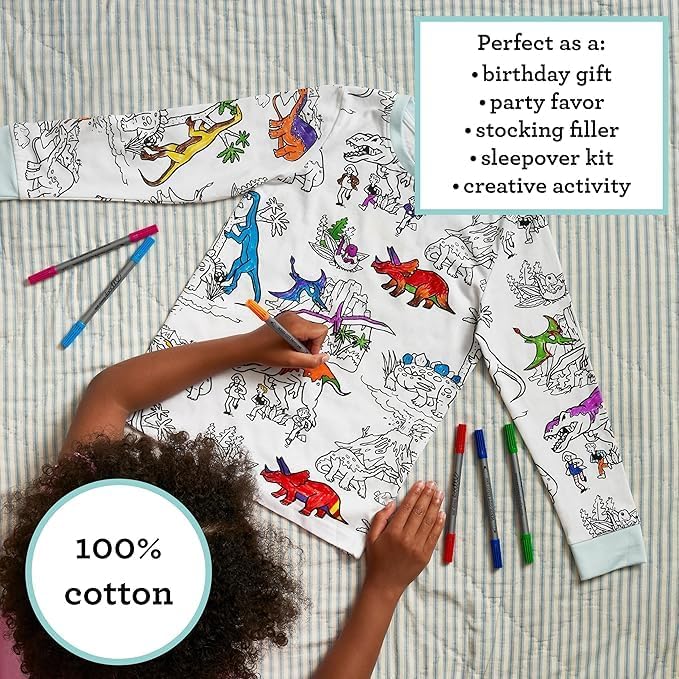 eatsleepdoodle coloring pajamas for boys and girls, with 10 washable markers, Kids Colorable Pajama 100% cotton