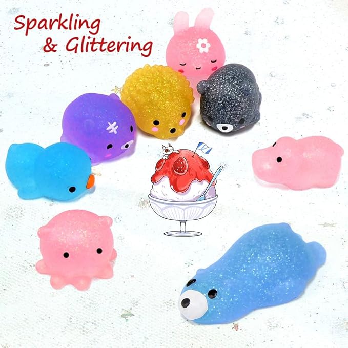 LUDILO Mochi Animal Squishies Toys 2nd Generation Glitter Mochi Squishy 20pcs Kawaii Mini Squishies Squeeze Toys for Kids Stocking Stuffers Class Prizes Valentines Birthday Gifts Easter Egg Fillers