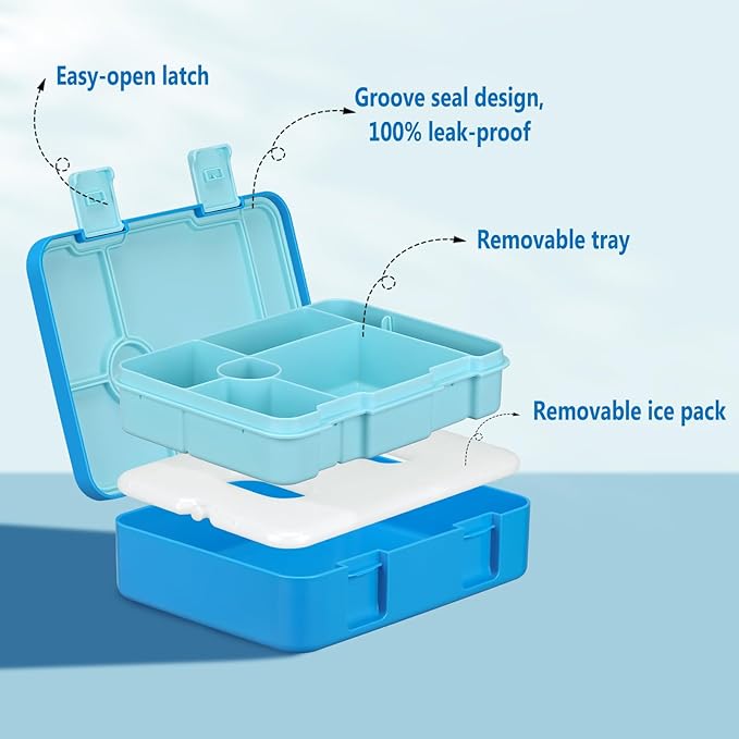 Chill Bento Lunch Box for Kids Adult with Ice Pack Keep Food Cold Fresh 5-Compartment Reusable Leak Proof Lunch Container for Girl Boy School Dishwasher & Freezer Safe