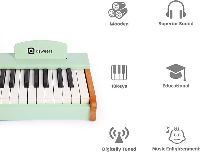 Asweets 18 Keys Piano Keyboard for Kids, Toddler Music Educational Instrument Toy, Wooden Piano for Toddlers Girls & Boys (Green)