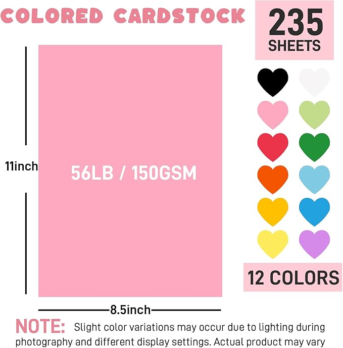 3 otters 235Sheets 8.5" X 11" Construction Paper Assorted Colors, 12 Colored Cardstock Printer Paper, for Printing, DIY Crafts, Party Decorations, Teacher Kids Classroom Must Have, 56 lb/150 GSM