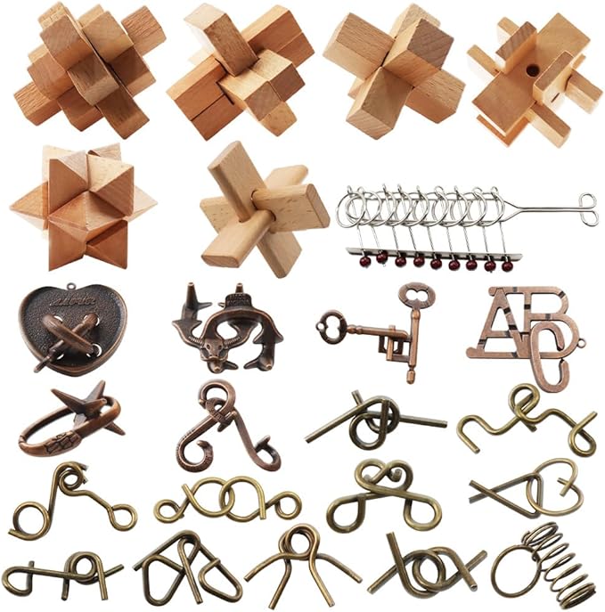 24PCS Brain Teaser Puzzles for Adults, Mind Puzzle Ancient Wooden and Metal Puzzles 3D Unlock Interlock IQ Education Puzzle Box Game for Adults