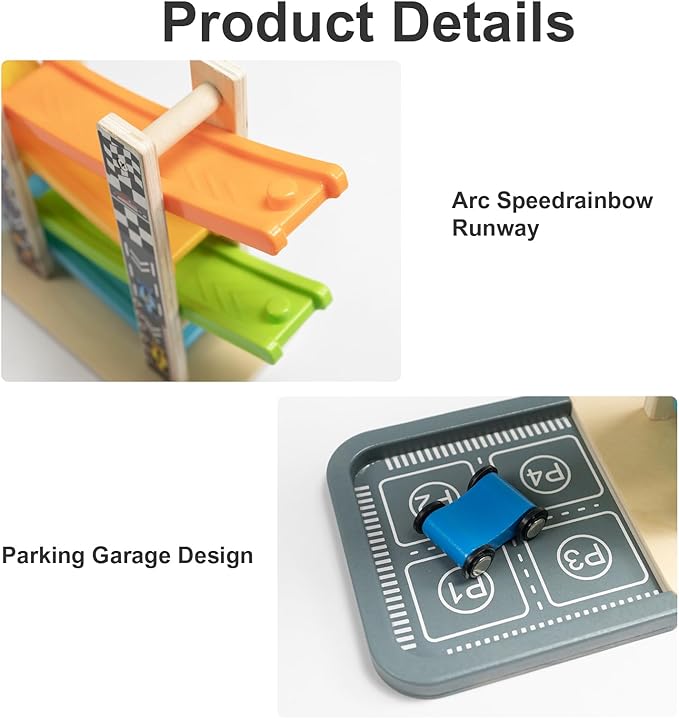 Wood City Wooden Car Ramp Racer Toy Vehicle Set with 4 Mini Cars & Race Tracks, Toddler Toys for 1 2 3 Years Old, Montessori Cars Toys Birthday Gift for Kids Boys and Girls